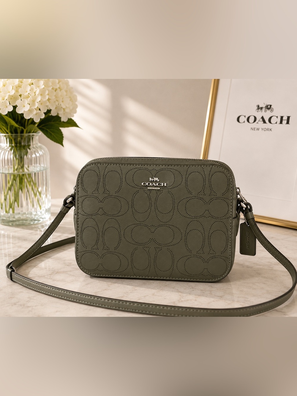 COACH Olive Green Perforated Signature Crossbody Bag